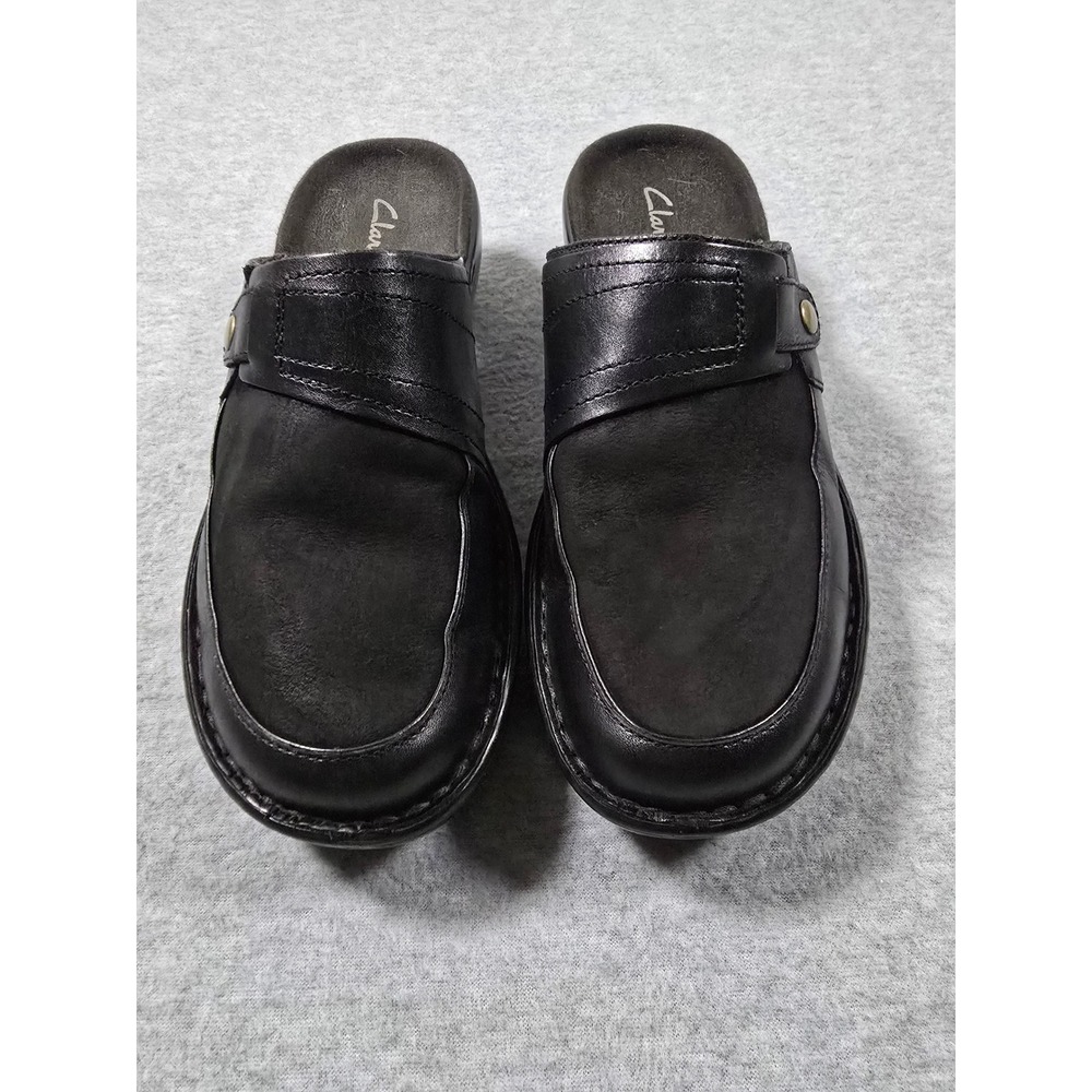 Clarks Womens 7.5M Black Leather Nubuck Clogs Mules Slip On Wedge 80694